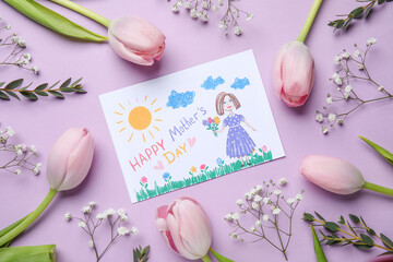 Flowers with kid drawing on lilac background. Mother's Day celebration