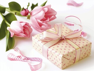 A pink box with a ribbon on top sits on a white background