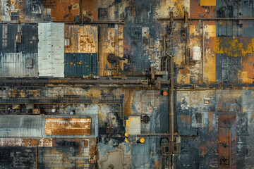 A bird's-eye view of an industrial factory, the arrangement of buildings and machines creating an abstract pattern