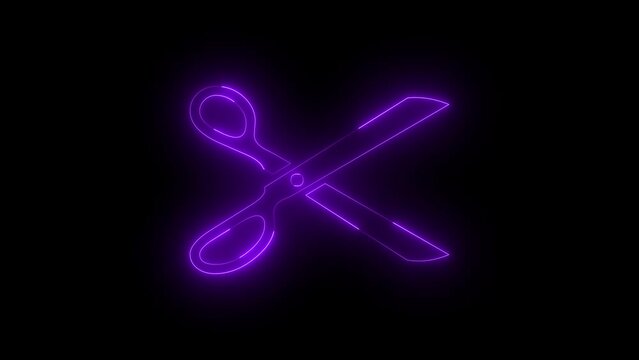 Neon glowing purple scissor icon animation in black background