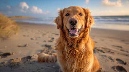 Obraz premium Golden Retriever Focused on Family during Beach Outing Generative AI