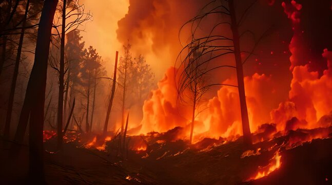 Fire in the forest. Forest fires destroying and causing air pollution AI