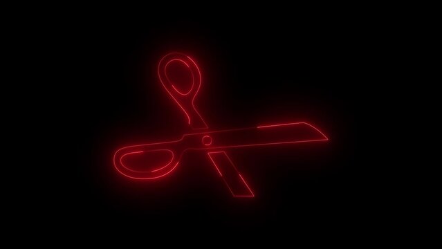 Neon glowing red broken scissor icon animation in black background