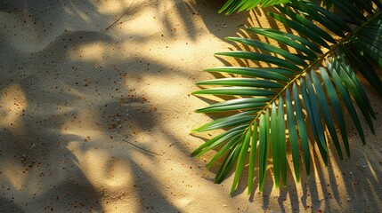 Naklejka na ściany i meble Summer and Holiday Concept with Tropical Coconut Leaf Shadow on Beach Sand Generative AI