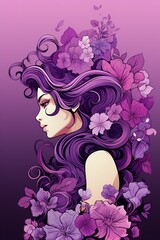 Beautiful girl with long curly hair and flowers, Purple Background, Ai Generated