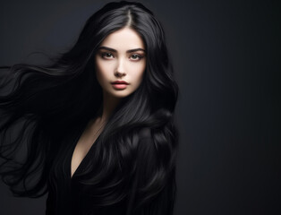 Fototapeta premium a beautiful woman blowing her long black hair on a grey background, concept of Beauty and hair care with keratin. Generative AI.