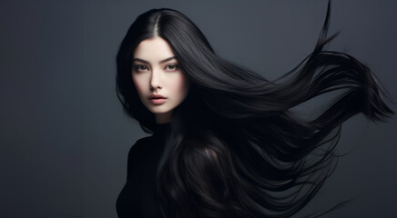 a beautiful woman blowing her long black hair on a grey background, concept of Beauty and hair care with keratin. Generative AI.