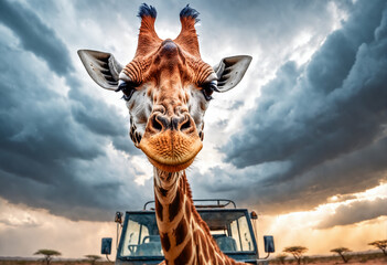 Giraffe in african savannah. - obrazy, fototapety, plakaty