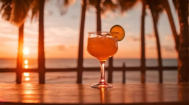 Cocktail on the beach bar counter close up. In the rays of sunset AI