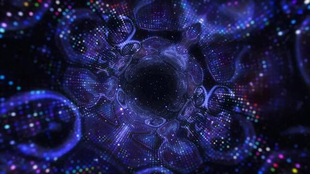 A wormhole through time and space. Abstract blue shining tunnel 4k, time travel concept. Space galaxy tunnel of time abstract background