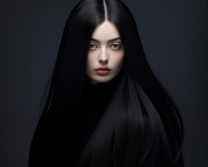 a beautiful woman blowing her long black hair on a grey background, concept of Beauty and hair care with keratin. Generative AI.