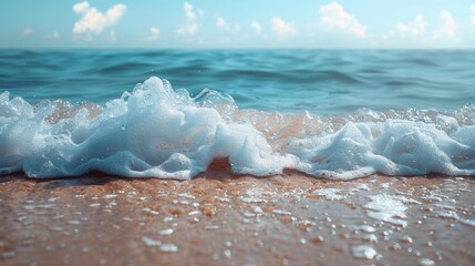 Soft Wave on Sandy Beach: A Sunny Day Ocean Background in Soft Focus Generative AI