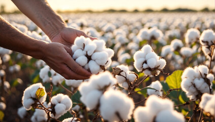 Farmer hand picking white boll of cotton Cotton farm