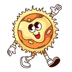 Groovy sun cartoon character with sunshine. Funny retro solar system giant star of Solar system walking and waving, astronomy mascot, cartoon happy sun sticker of 70s 80s style vector illustration