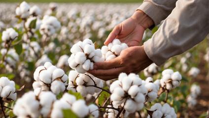 Farmer hand picking white boll of cotton Cotton farm - obrazy, fototapety, plakaty