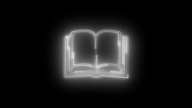 Neon glowing white book icon animation in black background