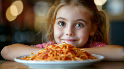 A young girl with blond hair smiling and eating spaghetti.