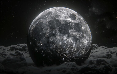 Symmetrical telescope view: moon shrouded in clouds, cinematic and atmospheric