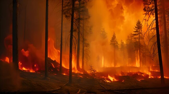 Fire in the forest. Forest fires destroying and causing air pollution AI