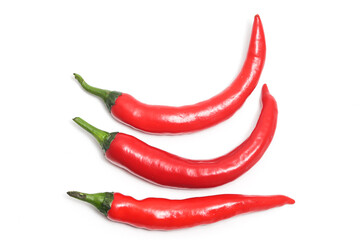Three red hot chili pepper top view isolated on white background clipping path