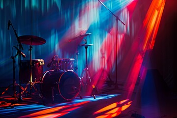 Set of drums and drumsticks arranged on a stage under colorful lights, creating a dynamic...