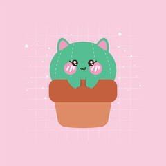 Cute kawaii cat cactus emoji emoticon vector with pink background