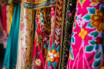 Variety of vibrant traditional dresses with intricate embroidery hanging on display rack