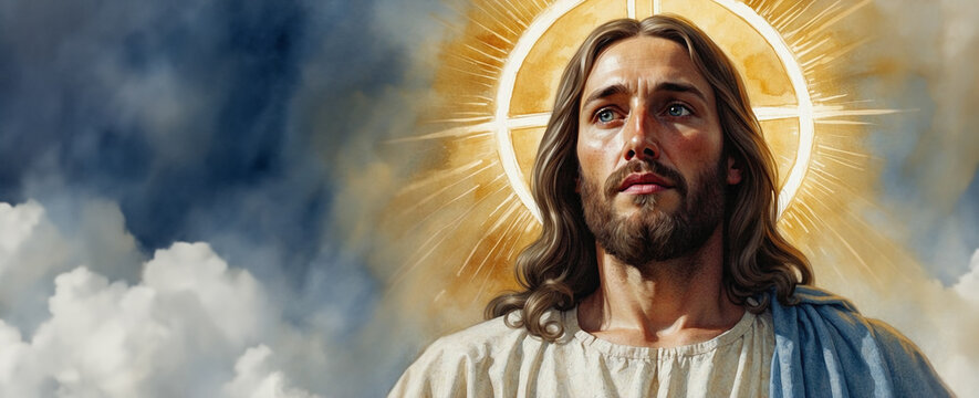 A stunning watercolor portrait of Jesus Christ, with soft, ethereal brushstrokes and a peaceful expression. With copy space.