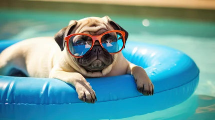 Foto auf Leinwand Pug breed dog lying on blue inflatable ring wearing sunglasses in swimming pool. Cute pug dog swimming in the pool. Vacation for dogs. Funny doggie enjoys relaxing lying on inflatable circle © Nonna