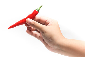 Hand holding red hot chili pepper isolated on white background clipping path