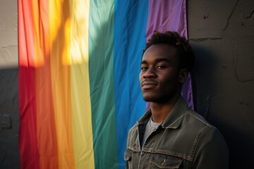 A man stands in front of a rainbow flag - obrazy, fototapety, plakaty