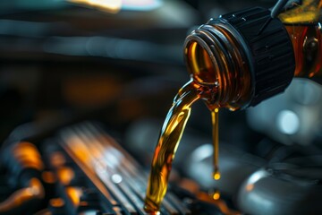 Macro shot of engine oil being poured into a cars engine, highlighting the importance of fluid maintenance for optimal performance