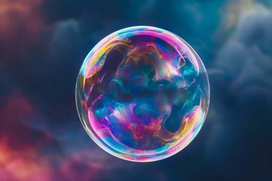 Colorful soap bubble drifts through the sky on a cloudy day, capturing the transient beauty of nature