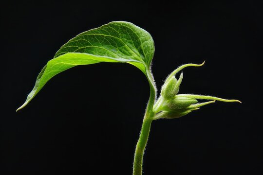 A close-up of a plant with a single leaf unfurling from a bud against a black background, showcasing the process of growth and expansion in plants