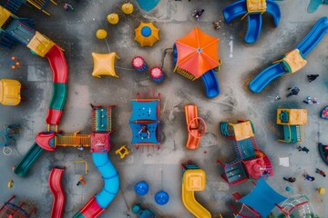 An overhead perspective of a lively playground adorned with colorful toys and equipment, showcasing the vibrant energy of children at play - obrazy, fototapety, plakaty