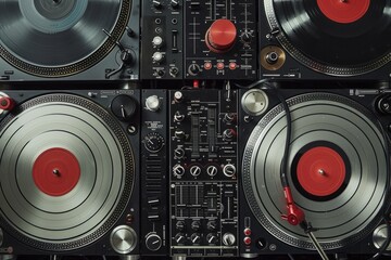Overhead view of a DJs turntables with vinyl records, showcasing the art of DJing and electronic music production