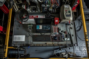 Overhead view of diagnostic computer connected to vehicle for troubleshooting, showcasing modern automotive maintenance technology with a plethora of wires