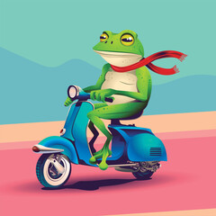 Frog on a blue scooter. Vector illustration. funny cute cartoon.