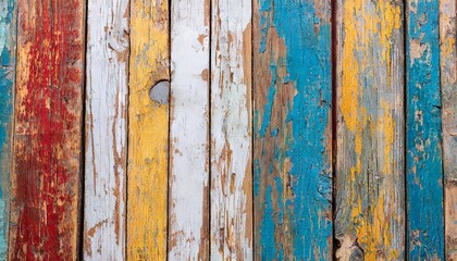 texture of vintage wood boards with cracked paint of white red yellow and blue color horizontal...