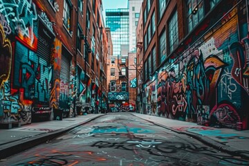 Wide-angle shot of an urban street covered in graffiti, showcasing bold and expressive street art...