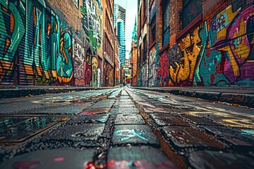 Naklejka premium A wide-angle shot of an urban alleyway covered in bold graffiti, showcasing the creativity and vibrancy of urban culture