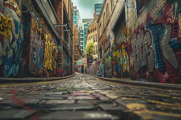 A wide-angle shot of an urban alleyway covered in bold and expressive street art graffiti,...