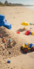 Fototapeta na wymiar Heap sand with plastic toys at the beach, Summer seaside vacation concept