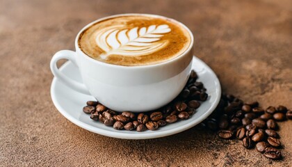 close up of cappuccino coffee with coffee beans on a brown textured background free space for placing advertising text on the background banner with copy space