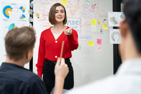 Closeup image of male project manager raise hand to ask questions while young beautiful leader presents business project with confident by using mind map and colorful sticky notes. Immaculate.