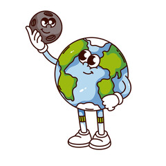 Groovy planet Earth cartoon character holding baby Moon. Funny retro globe of Earth with cute face, study of Solar system, astronomy mascot. Cartoon sticker of 70s 80s style vector illustration