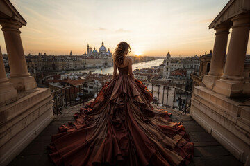 Woman in a luxurious gown admires the sunset over an old European city from a high vantage point - obrazy, fototapety, plakaty