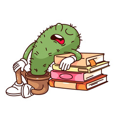 Naklejka premium Groovy cactus in pot cartoon character sleeping on books. Funny retro tired succulent plant from study, learning difficulty mascot, cartoon potted cactus sticker of 70s 80s style vector illustration