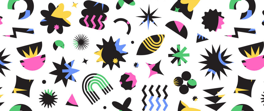 Retro y2k shape seamless pattern, memphis graphic background, abstract modern funky print, geometry colorful form, groovy vintage texture. Trendy vector illustration