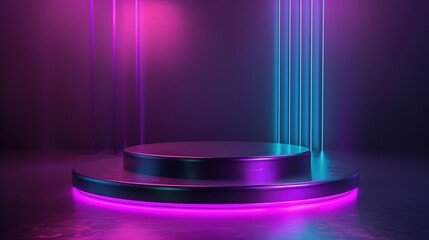 Neon-Lit Modern Display Podium in a Futuristic Setting